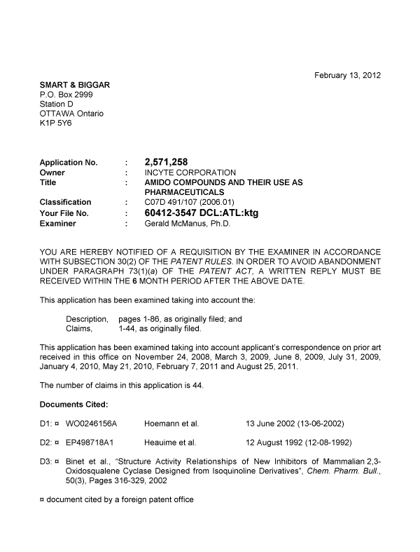 Document de brevet canadien 2571258. Poursuite-Amendment 20120213. Image 1 de 3