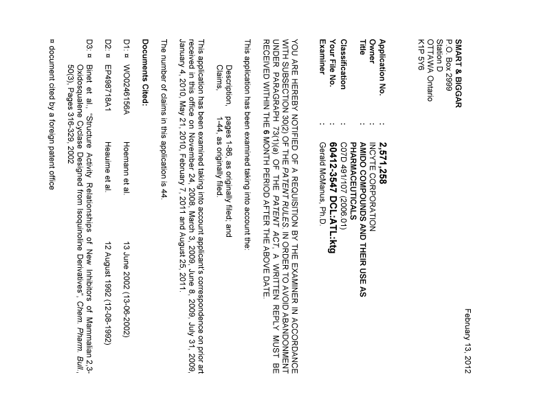 Canadian Patent Document 2571258. Prosecution-Amendment 20120213. Image 1 of 3
