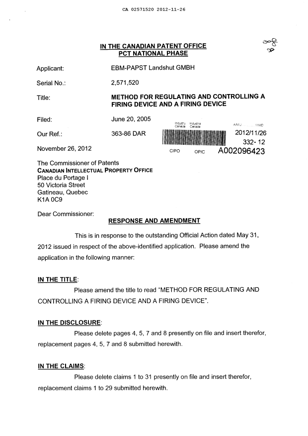 Canadian Patent Document 2571520. Prosecution-Amendment 20121126. Image 1 of 12