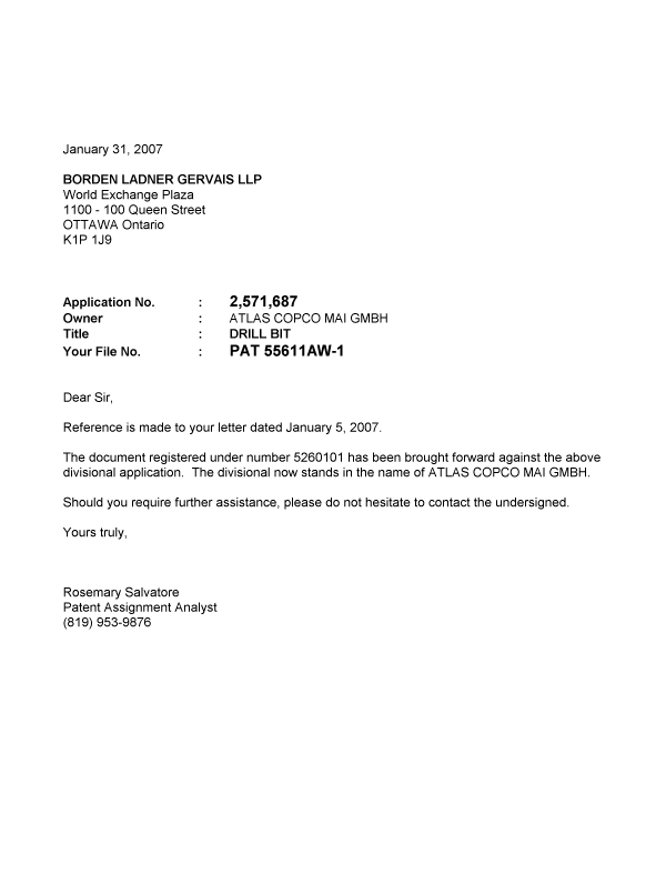Document de brevet canadien 2571687. Correspondance 20070131. Image 1 de 1