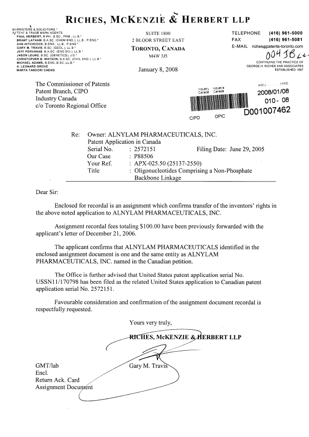Document de brevet canadien 2572151. Cession 20080108. Image 1 de 3