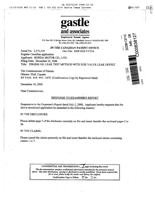 Document de brevet canadien 2572229. Poursuite-Amendment 20081210. Image 1 de 7