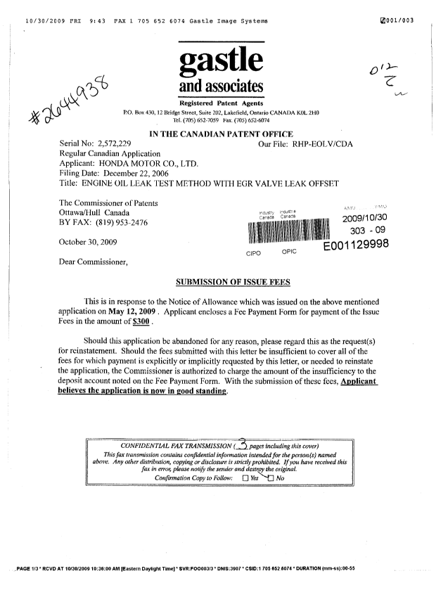 Document de brevet canadien 2572229. Correspondance 20091030. Image 1 de 2
