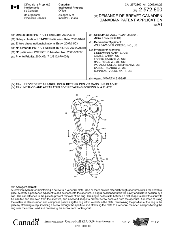 Document de brevet canadien 2572800. Page couverture 20070308. Image 1 de 2