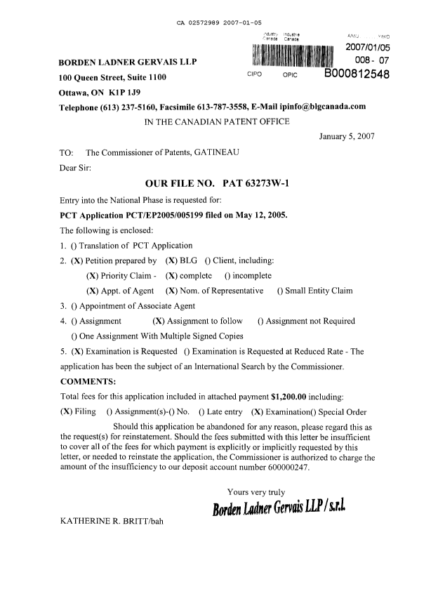 Document de brevet canadien 2572989. Cession 20070105. Image 1 de 3