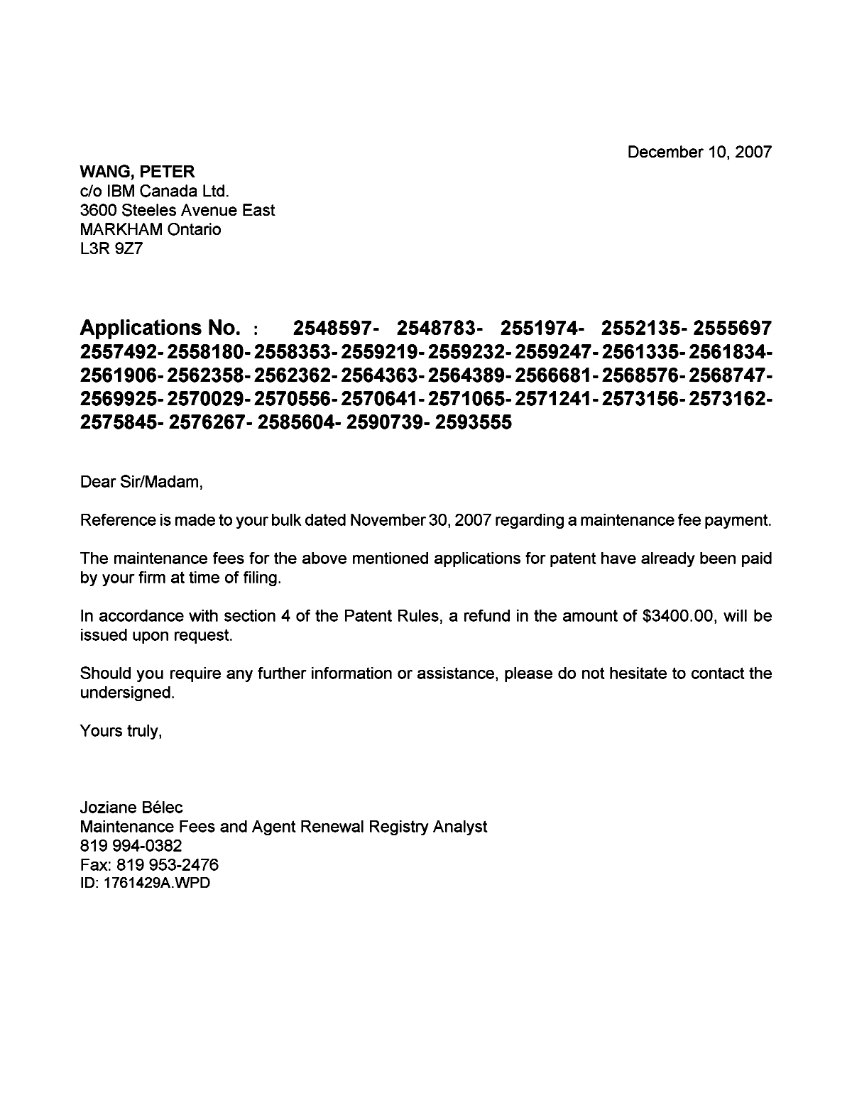 Document de brevet canadien 2573156. Correspondance 20071210. Image 1 de 1
