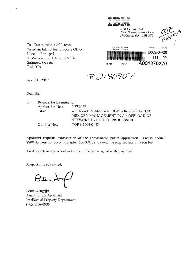 Canadian Patent Document 2573156. Correspondence 20090420. Image 1 of 2