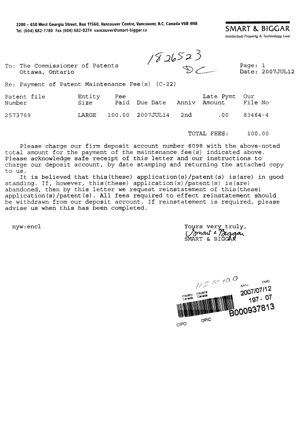 Document de brevet canadien 2573769. Taxes 20070712. Image 1 de 1