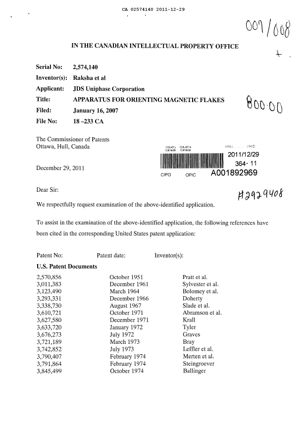 Canadian Patent Document 2574140. Prosecution-Amendment 20101229. Image 1 of 9