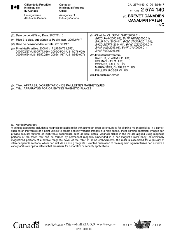 Canadian Patent Document 2574140. Cover Page 20141212. Image 1 of 2