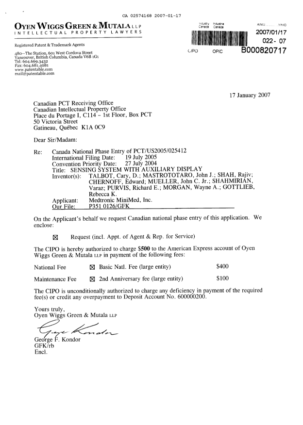 Document de brevet canadien 2574168. Cession 20070117. Image 1 de 7