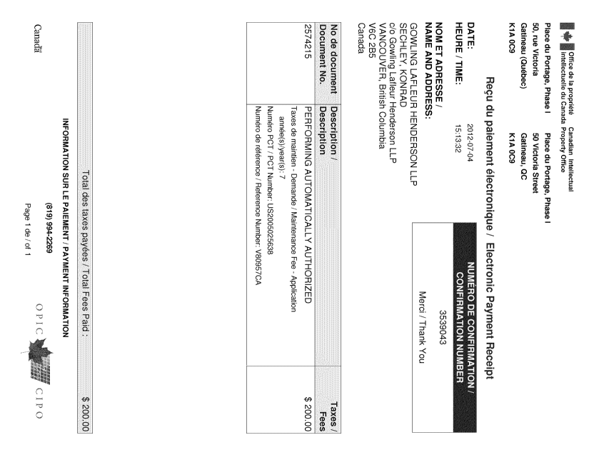 Document de brevet canadien 2574215. Taxes 20111204. Image 1 de 1