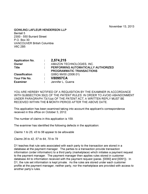 Canadian Patent Document 2574215. Prosecution-Amendment 20121213. Image 1 of 4