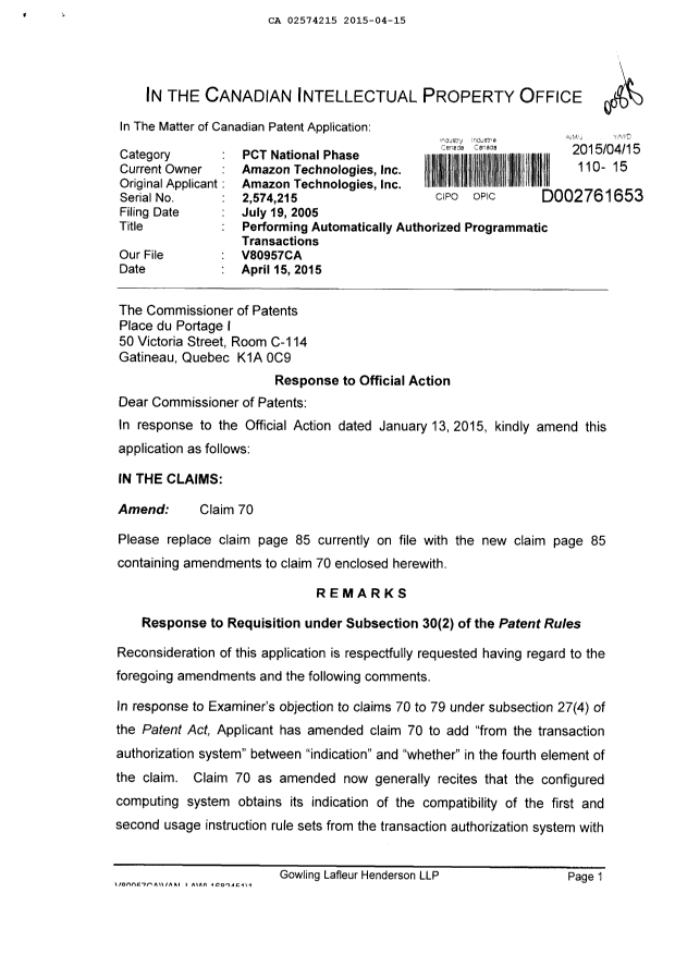 Canadian Patent Document 2574215. Prosecution-Amendment 20141215. Image 1 of 3