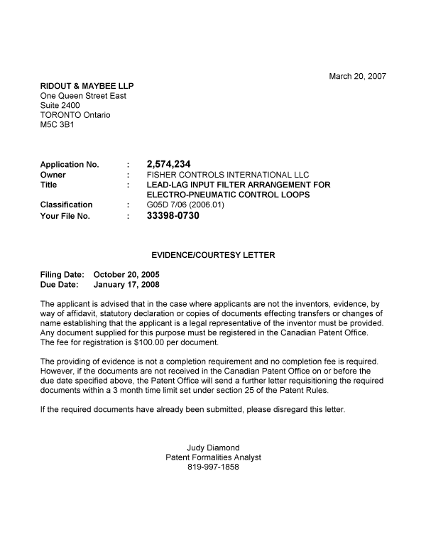 Canadian Patent Document 2574234. Correspondence 20061214. Image 1 of 1