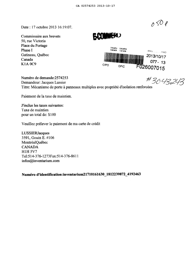 Document de brevet canadien 2574253. Taxes 20121217. Image 1 de 1