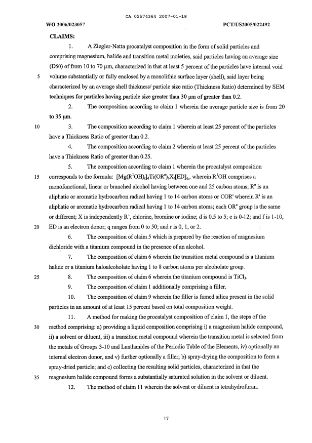 Document de brevet canadien 2574364. Revendications 20070118. Image 1 de 2