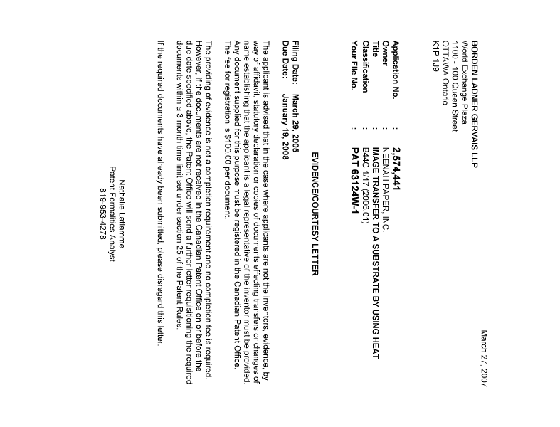 Document de brevet canadien 2574441. Correspondance 20070319. Image 1 de 1