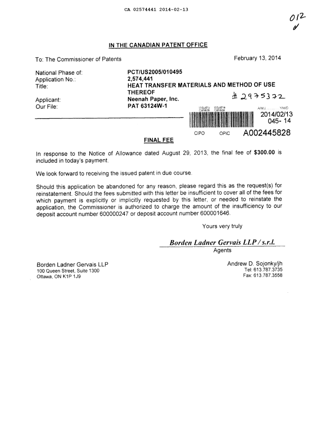 Canadian Patent Document 2574441. Correspondence 20140213. Image 1 of 1