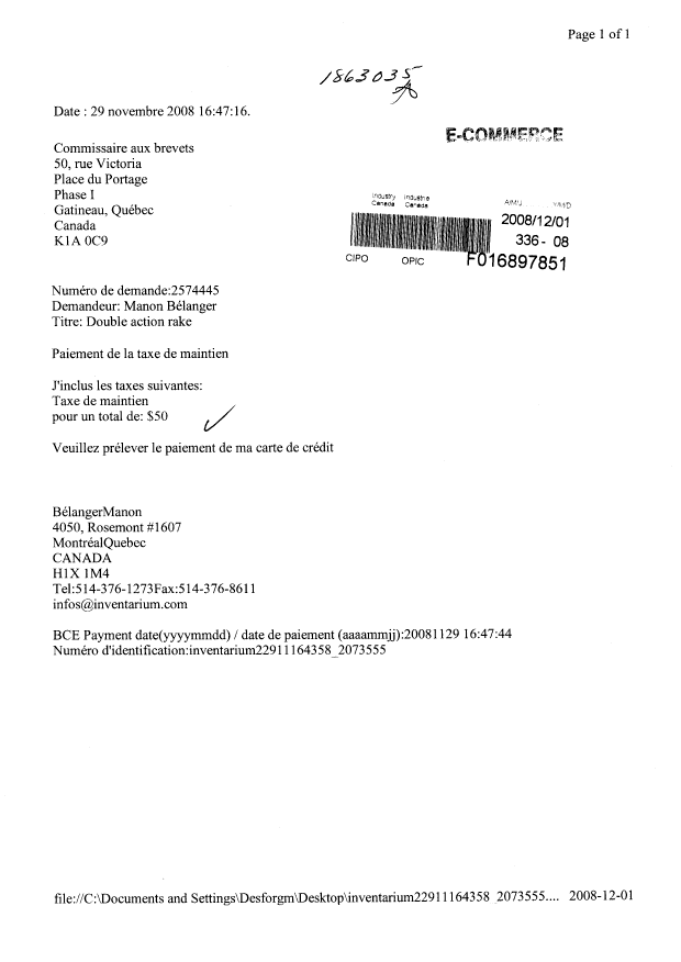 Document de brevet canadien 2574445. Taxes 20071201. Image 1 de 1