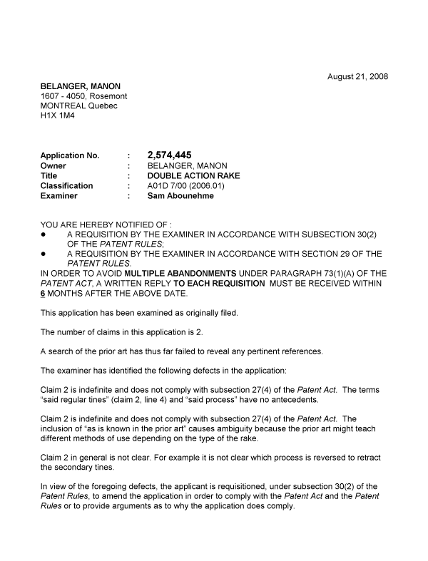 Canadian Patent Document 2574445. Prosecution-Amendment 20080821. Image 1 of 2