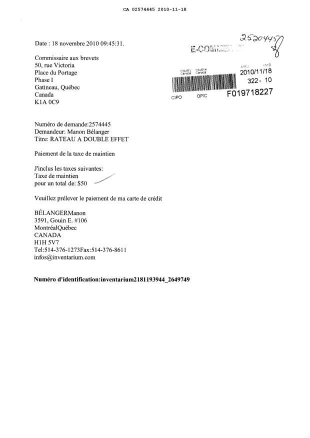 Document de brevet canadien 2574445. Taxes 20101118. Image 1 de 1