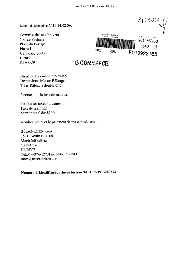 Document de brevet canadien 2574445. Taxes 20101206. Image 1 de 1
