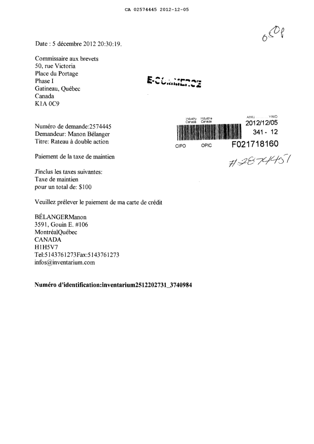 Document de brevet canadien 2574445. Taxes 20121205. Image 1 de 1