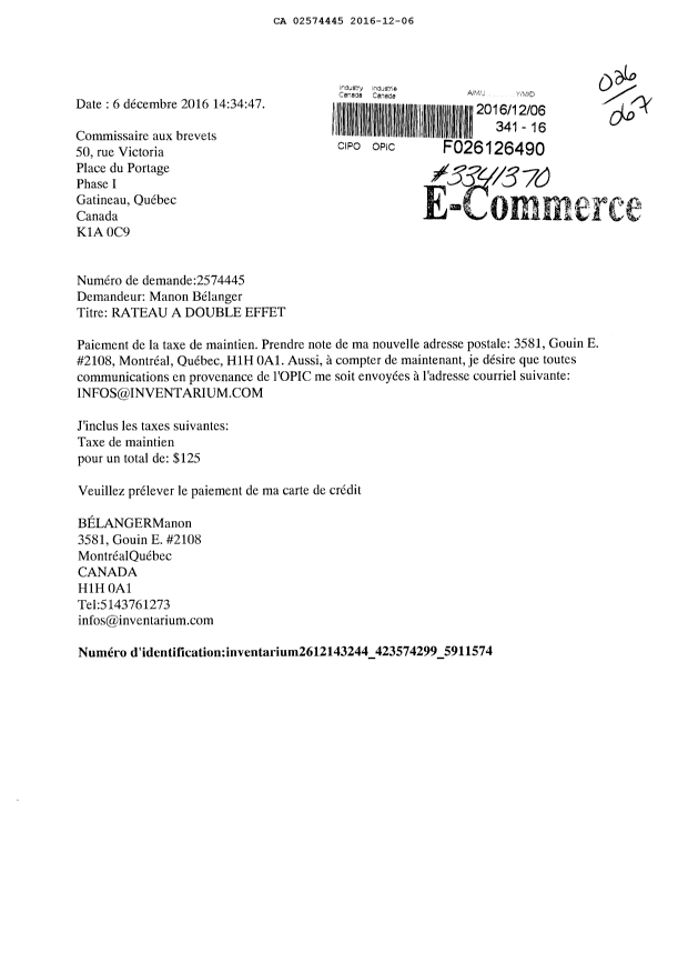 Document de brevet canadien 2574445. Correspondance 20151206. Image 1 de 1