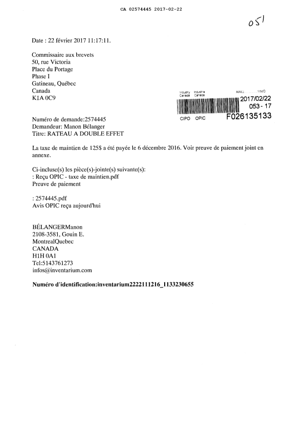 Canadian Patent Document 2574445. Maintenance Fee Correspondence 20170222. Image 1 of 5