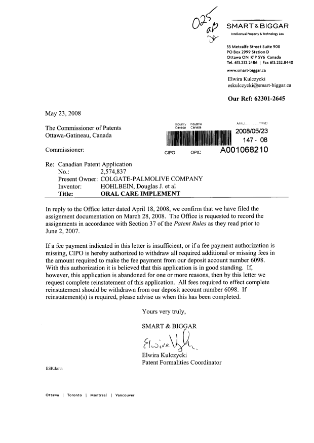 Document de brevet canadien 2574837. Cession 20080523. Image 1 de 1