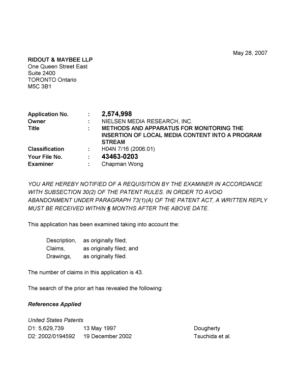 Canadian Patent Document 2574998. Prosecution-Amendment 20070528. Image 1 of 3