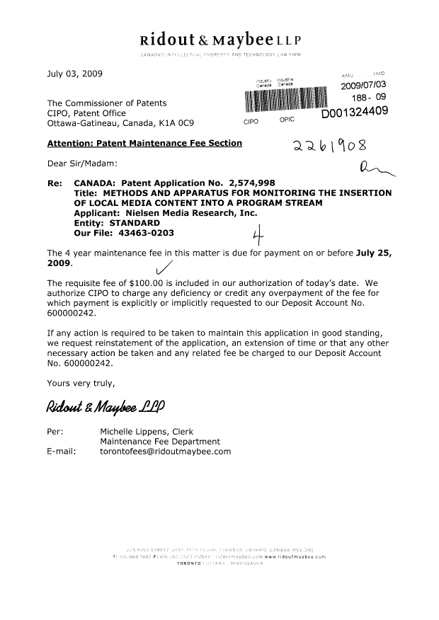Canadian Patent Document 2574998. Fees 20090703. Image 1 of 1