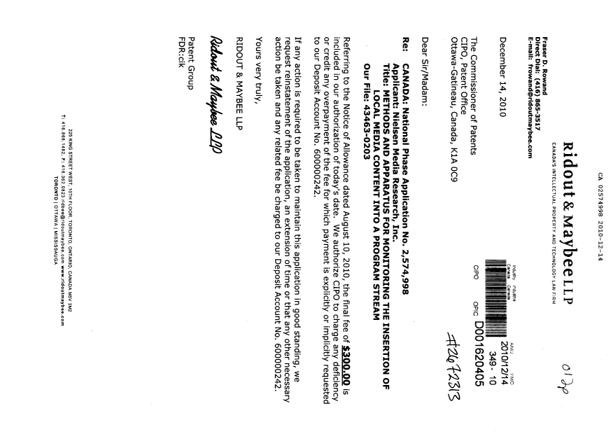 Canadian Patent Document 2574998. Correspondence 20101214. Image 1 of 1