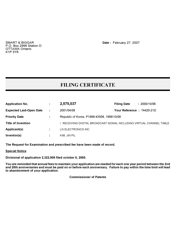 Canadian Patent Document 2575037. Correspondence 20061221. Image 1 of 1