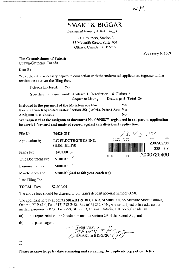 Canadian Patent Document 2575037. Assignment 20070206. Image 1 of 2