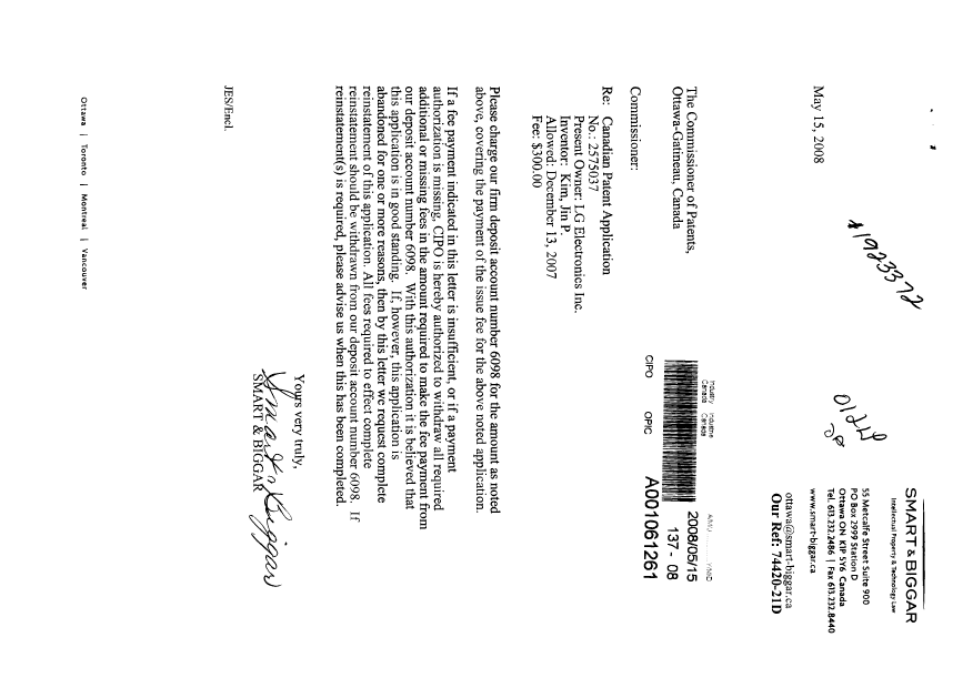 Canadian Patent Document 2575037. Correspondence 20071215. Image 1 of 1