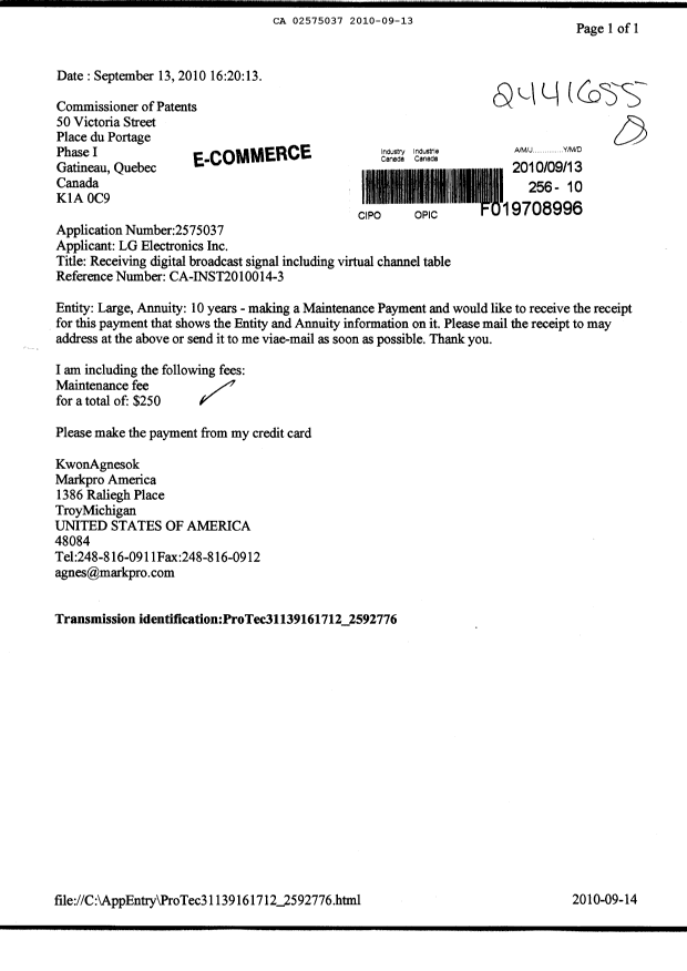 Canadian Patent Document 2575037. Fees 20091213. Image 1 of 1
