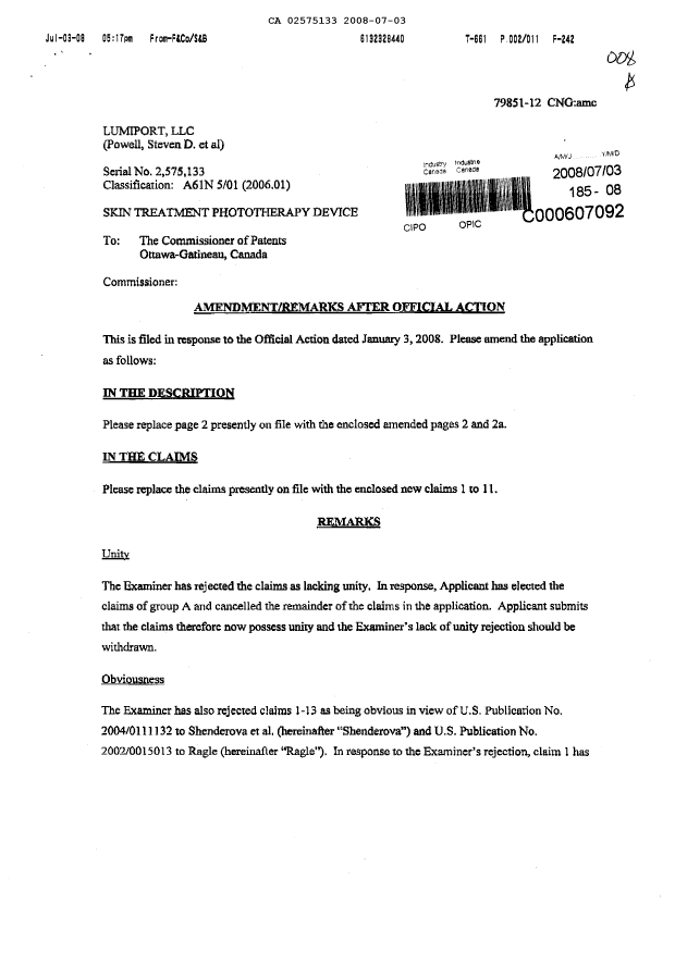 Canadian Patent Document 2575133. Prosecution-Amendment 20080703. Image 1 of 11