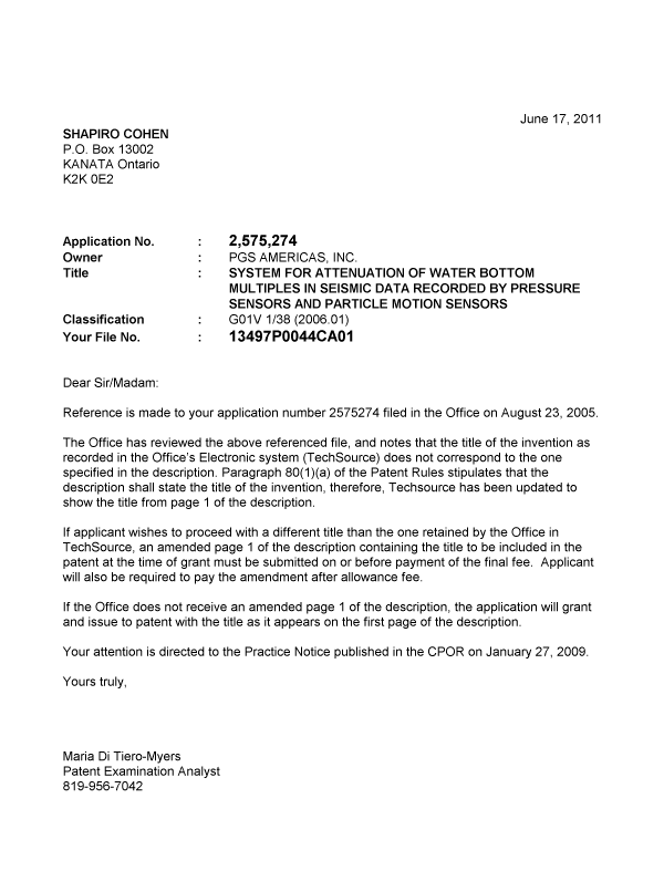 Document de brevet canadien 2575274. Correspondance 20110617. Image 1 de 1