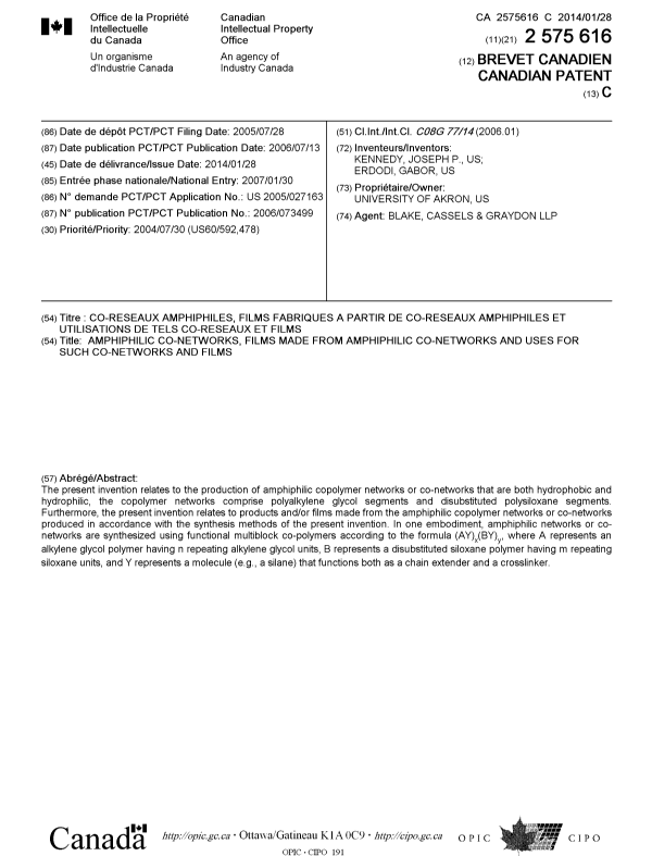 Document de brevet canadien 2575616. Page couverture 20131227. Image 1 de 1