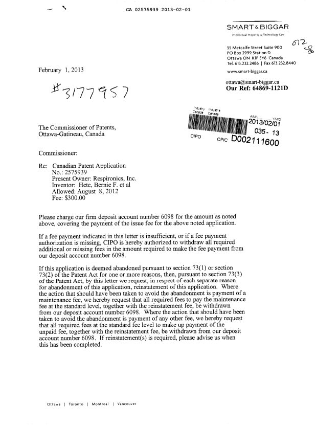 Document de brevet canadien 2575939. Correspondance 20130201. Image 1 de 2