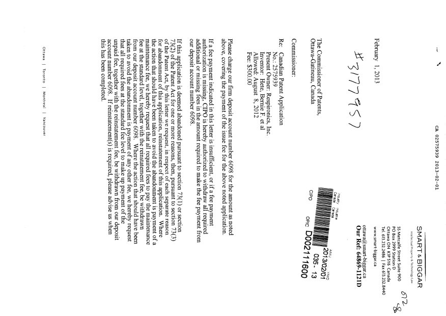 Canadian Patent Document 2575939. Correspondence 20130201. Image 1 of 2