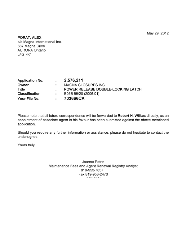 Document de brevet canadien 2576211. Correspondance 20120529. Image 1 de 1