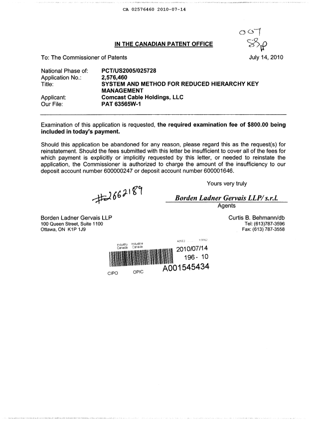 Canadian Patent Document 2576460. Prosecution-Amendment 20100714. Image 1 of 1