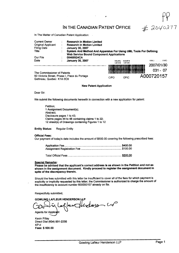 Document de brevet canadien 2576478. Cession 20070130. Image 1 de 6