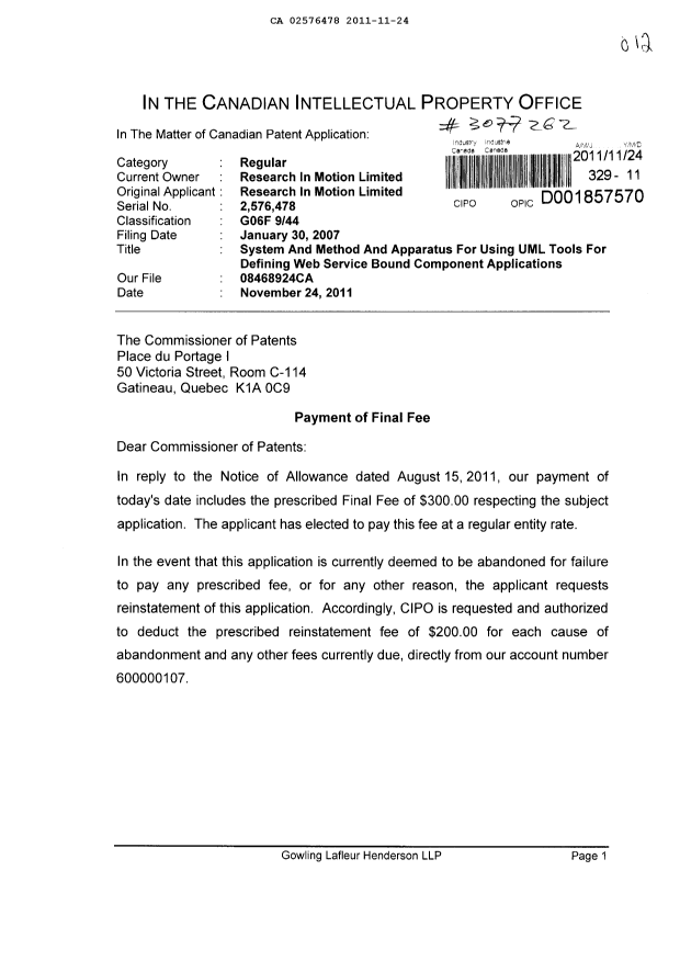 Document de brevet canadien 2576478. Correspondance 20111124. Image 1 de 2