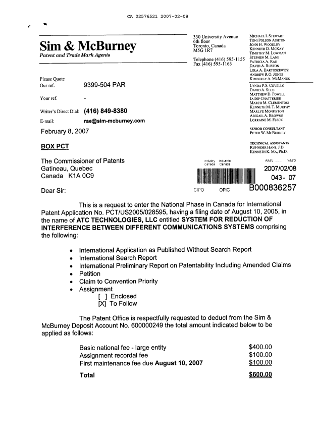 Document de brevet canadien 2576521. Cession 20070208. Image 1 de 3