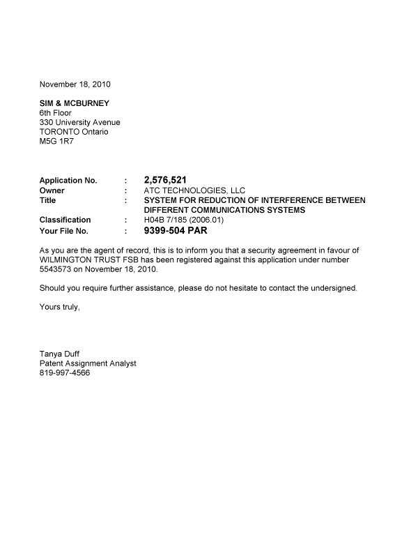 Document de brevet canadien 2576521. Correspondance 20101118. Image 1 de 1