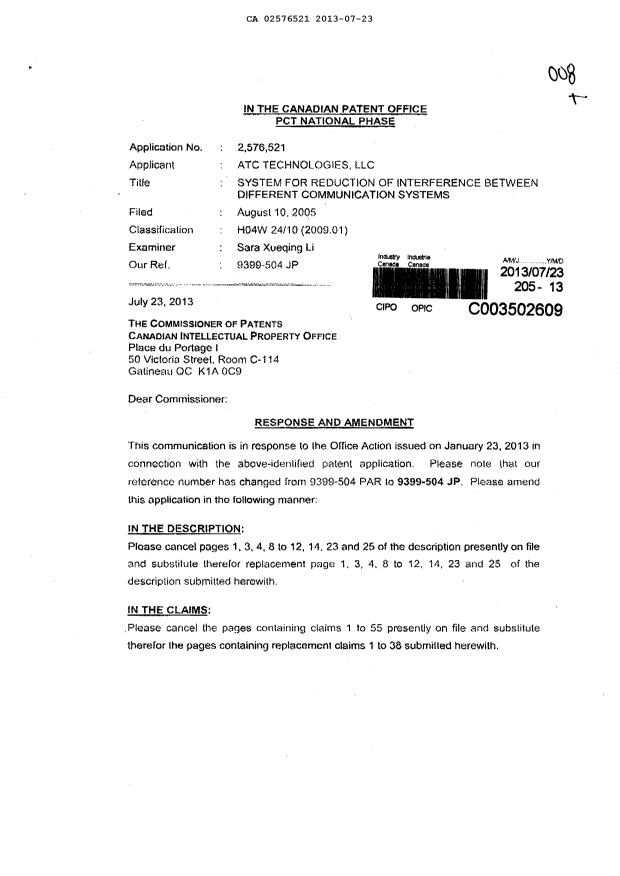 Document de brevet canadien 2576521. Poursuite-Amendment 20130723. Image 1 de 22
